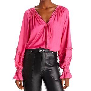 Ramy Brook Maty Balloon Sleeve Blouse Top Shirt Flowy Fringe Size Large NWT